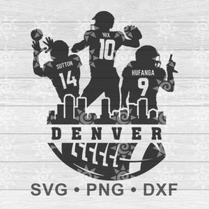May include: A black and white graphic design featuring three football players in action. The word "DENVER" is displayed below a skyline silhouette, with a football at the bottom. The players wear jerseys with the numbers 14, 10, and 9.
