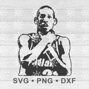 Puede incluir: Silueta en blanco y negro de un jugador de baloncesto con los brazos cruzados frente a su pecho. El jugador lleva una camiseta con la palabra "Indiana" en ella.