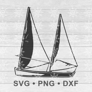 May include: Black and white illustration of a sailboat with two sails. The image includes the text "SVG • PNG • DXF" at the bottom. The background is a light wood grain pattern with decorative starbursts.
