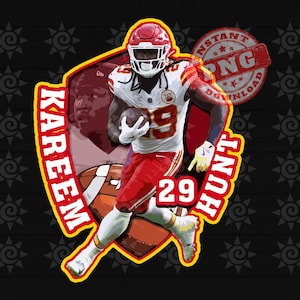 May include: A red, white, and yellow graphic design featuring a football player running with the ball. The player is wearing a red and white jersey with the number 29. The design includes the text "Kareem Hunt" and a football.