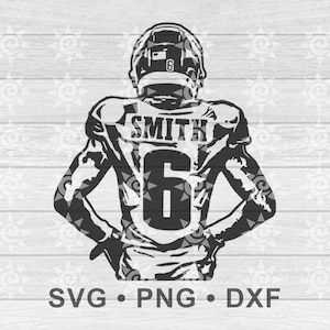May include: Black and white silhouette of a football player wearing a jersey with the name "SMITH" and the number "6" on the back. The player is facing away from the viewer with their hands on their hips.
