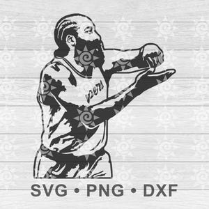 May include: Black and white silhouette of a basketball player with a beard, wearing a jersey with the word "76ers" on it, holding out his hand.