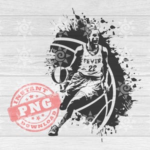 May include: Black and white digital illustration of a basketball player dribbling a basketball. The player is wearing a jersey with the word "FEVER" and the number "22" on it. The background is a black and white splatter design.