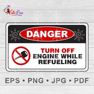 Könnte beinhalten: Ein rotes und schwarzes Warnschild mit einem weißen Kreis und einem Schlüssel darin, mit dem Text "GEFAHR MOTOR AUSSTELLEN WÄHREND DES TANKENS".