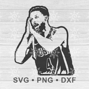 Puede incluir: Silueta en blanco y negro de un jugador de baloncesto con una camiseta que dice "US" y "4". El jugador está en una postura defensiva con las manos levantadas.