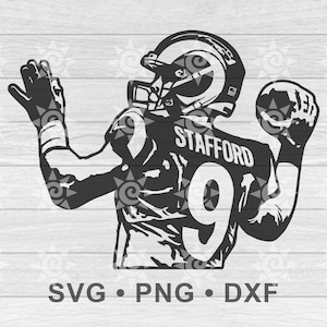 May include: Black and white silhouette of an American football player throwing a football. The player is wearing a jersey with the number "9" and the name "Stafford" on the back.