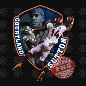 May include: A blue and orange football logo with the name "Courtland Sutton" written around the outside. The logo features a football player in a white jersey with the number 14 on it, catching a football. The logo has a red and white "Instant PNG Download" stamp.