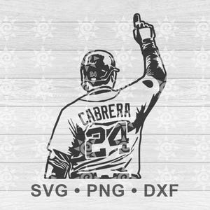 May include: Black and white silhouette of a baseball player wearing a jersey with the name "CABRERA" and the number "24" on the back. The player is raising his right arm in the air, pointing with his index finger.