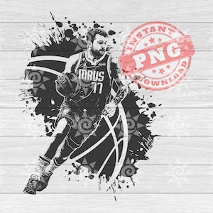 May include: Black and white digital illustration of a basketball player dribbling the ball. The player is wearing a jersey with the word "MAUS" and the number "77" on it. The background is a black and white splatter design.