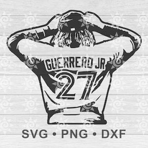 May include: Black and white silhouette of a person wearing a jersey with the text "GUERRERO JR" and the number "27" on the back. The person is holding their hands behind their head.