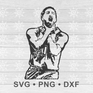 May include: Black and white vector graphic of a person in a sports uniform, arms crossed, mouth open in a shout. The image is a digital design, with the text "SVG • PNG • DXF" at the bottom.