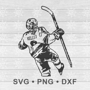 Puede incluir: Gráfico en blanco y negro de un jugador de hockey en acción, con el nombre "Keller" en la camiseta. El jugador sostiene un palo de hockey. La imagen incluye el texto "SVG • PNG • DXF".