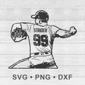 Peut inclure: Une illustration graphique en noir et blanc d'un lanceur de baseball portant une casquette et un maillot avec le nom STRIDER et le numéro 99 au dos. Le design montre le joueur en mouvement de lancer, disponible en formats SVG, PNG et DXF.