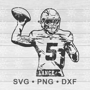 May include: Black and white illustration of a football player in a throwing pose. The player wears a helmet and jersey with the number 5. The word "Family" is tattooed on the arm. The name "LANCE" is at the bottom. SVG, PNG, and DXF file formats are listed.