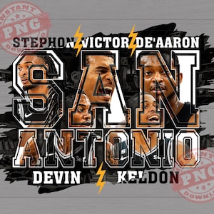 Pode incluir: Um design gráfico digital com jogadores de basquete e o texto STEPHON VICTOR DE'AARON, SAN ANTONIO, DEVIN e KELDON. O design inclui ícones de raios amarelos e um fundo de pincelada preta com retratos dos jogadores.