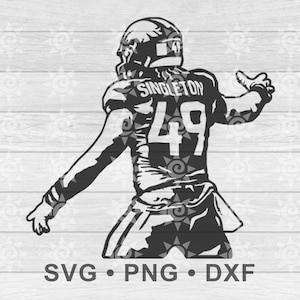 May include: Black and white illustration of a football player in a uniform with the name "Singleton" and the number "49" on the back. The image includes the file types SVG, PNG, and DXF.