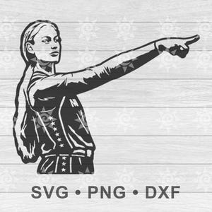 Puede incluir: Una ilustración gráfica digital en blanco y negro de una persona con cabello largo que viste una camiseta con detalles de estrellas, señalando con el brazo derecho y el dedo índice hacia la derecha. El texto SVG PNG DXF aparece abajo.