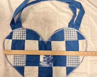 Blue checkered heart shape tote bag with snap enclosure