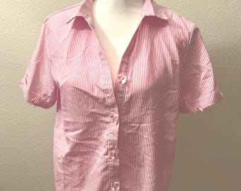 Pink and white striped bow button down shirt