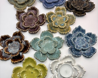 Handmade Ceramic Flower Tealight Holder | Glazed Pottery Dish | Gift