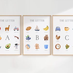 Paquete de 3 pósteres educativos ABC en inglés en formato PDF para descargar e imprimir en casa, tamaño A4 y A3, decorativos para hogares, aulas y salas de juegos/guarderías