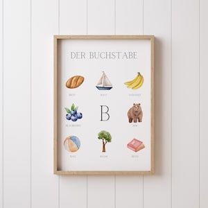 Póster educativo alemán de la letra B, descarga en PDF, para imprimir en casa, tamaño A4 + A3, decorativo para hogares, aulas y salas de juegos/guarderías.