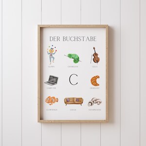 Póster educativo en alemán con la letra C, descarga en PDF, para imprimir en casa, tamaño A4 + A3, ideal para decorar hogares, aulas y salas de juegos/guarderías.
