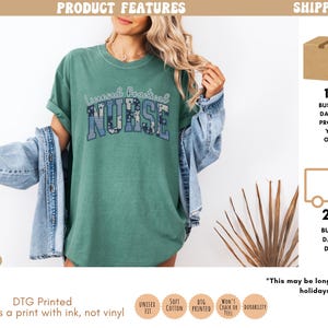 May include: A light green t-shirt with the words "Licensed Practical Nurse" in a blue and white floral design. The shirt is a unisex fit and made of soft cotton. The DTG printed design uses ink, not vinyl.