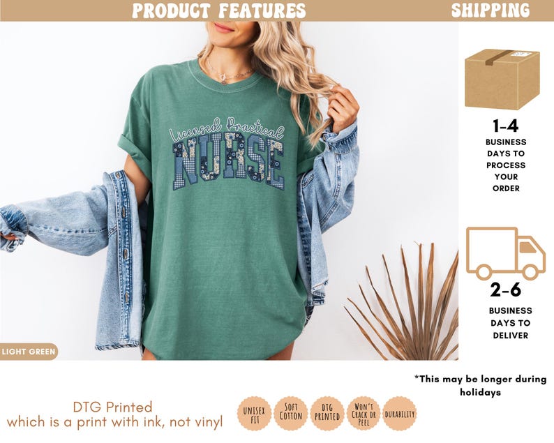 May include: A light green t-shirt with the words "Licensed Practical Nurse" in a blue and white floral design. The shirt is a unisex fit and made of soft cotton. The DTG printed design uses ink, not vinyl.