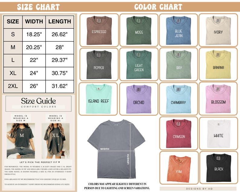 May include: A size and color chart for Comfort Colors t-shirts. The size chart shows measurements in inches for sizes S to 2XL. The color chart displays various t-shirt colors, including Espresso, Moss, Blue Jean, and Ivory. The image also includes a size guide.