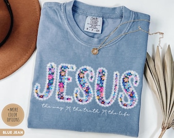 Comfort Colors®Christian Shirt Jesus Flower Tee Retro Faith T-Shirt Bible Verse Gift for Mom Christian Tee Religious Gift for Grandma