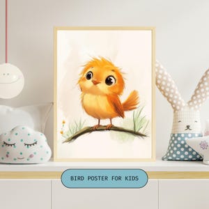 Póster de pájaro para niños, arte de pared para niños pequeños, decoración de sala de juegos para niños, linda ilustración de pájaro, impresiones digitales para habitación de niños, póster de arte de pájaro