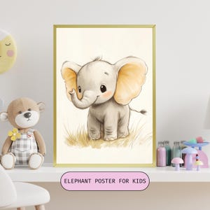 Kids Elephant Poster, Nursery Wall Art,Playroom Kids Decor, Elephant Animal Illustration,Children&#39;s Room Digital Prints, Elephant Art Poster