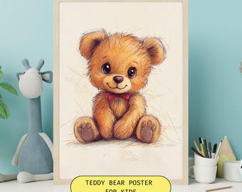 クマと女の子のイラスト、風変わりな子供部屋のアートプリント、子供