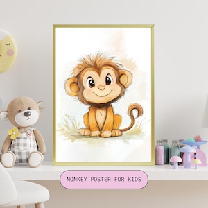 Kids Monkey Art Poster, Nursery Wall Art, Playroom Kids Decor,Cute Monkey Animal Illustration, Children&#39;s Room Digital Prints,Monkey Poster