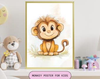 Kids Monkey Art Poster, Nursery Wall Art, Playroom Kids Decor,Cute Monkey Animal Illustration, Children's Room Digital Prints,Monkey Poster