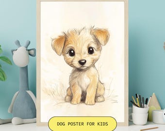 May include: A poster featuring a cute cartoon illustration of a light brown puppy with big eyes. The poster has the text "DOG POSTER FOR KIDS" at the bottom.
