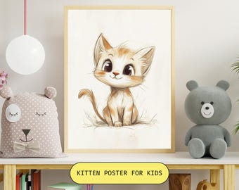 May include: A poster featuring a cartoon illustration of a cute orange and white kitten with big blue eyes. The kitten is sitting on a grassy patch and looking up. The poster is framed in a light wood frame and has the text "Kitten Poster for Kids" printed below the image.