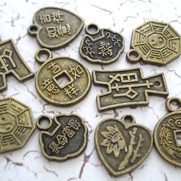 Chinese Good Luck Charms Asian Bronze Antiqued Mix 10