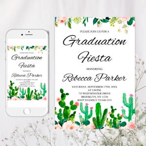 Invito alla festa di laurea modificabile, invito alla laurea con cactus, invito alla laurea messicana, modello di laurea della classe del 2025 Canva 1