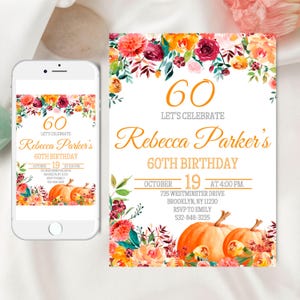 Editable 60th Birthday Invitation, Pumpkin Birthday Invitation, Fall Birthday Invitation, Autumn Birthday Party, Canva