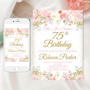 Invito modificabile per il 75° compleanno, invito a sorpresa per compleanno floreale rosa, invito a compleanno floreale rosa cipria, invito per qualsiasi età, Canva