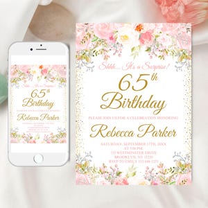 Invito modificabile per il 65° compleanno, invito a sorpresa per compleanno floreale rosa, invito a compleanno floreale rosa cipria, invito per qualsiasi età, Canva