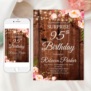 Faire-part modifiable pour le 95e anniversaire, faire-part d'anniversaire floral bohème surprise, faire-part d'anniversaire rustique, fête d'anniversaire pour tous âges, toile