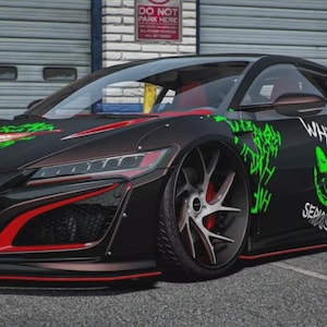 May include: Black sports car with red and green accents, featuring a Joker-themed design. The car has a spoiler and custom wheels. Text on the side reads "WHY SO SERIOUS?" and displays a Joker graphic.