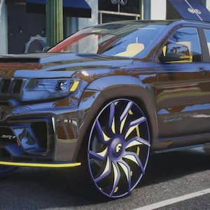 May include: A custom dark blue SUV with yellow accents, featuring large, stylized wheels with a purple and yellow design. The vehicle has a modified front end and a hood scoop.