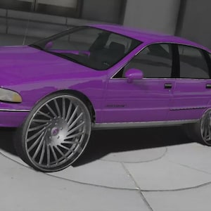 May include: A custom purple sedan with large, silver alloy wheels. The car has a sleek, modern design with tinted windows and a chrome trim. The vehicle is parked on a light gray surface.
