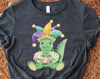 Cute Mardi Gras Baby Alligator Eating Donut Shirt, Mardi Gras Crocodile Shirt, Womens Mardi Gras,Toddler Mardi Gras Outfit, Girls Mardi Gras