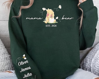 Custom Mama Bear Sweatshirt With Kids Name On Sleeve, Mama Est Sweater,Customized Mothers Day Gift,Pooh The Bear Sweater For Mom,New Mom Tee