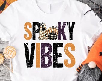 Spooky Vibes Shirt, Halloween Pumpkin Ghost T-Shirt, Trendy Fall Season Tee